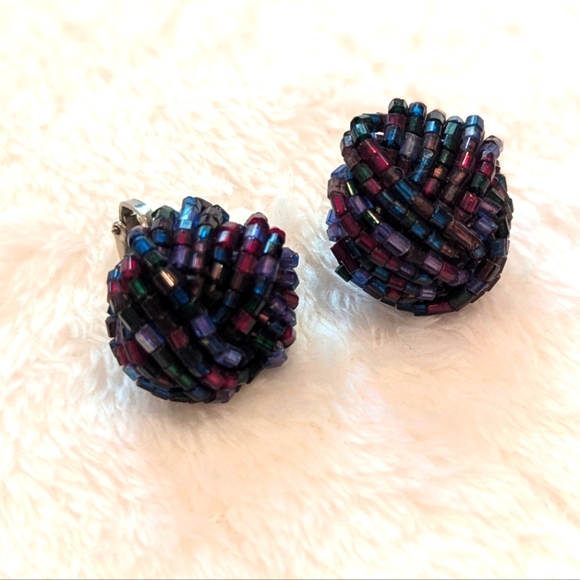 Vintage Multicolor (Blue, Red, Purple) Beaded Button Clip Earrings - Picture 5 of 5